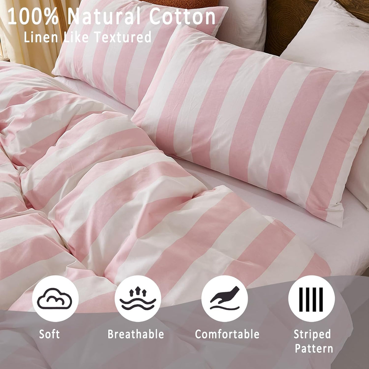 Pink and White Striped Duvet Cover Set King Size, 100% Cotton Bedding Set with Zipper Closure & 8 Corner Ties, Luxury Linen Like Bedding, Soft Breathable Comforter Cover for All Seasons