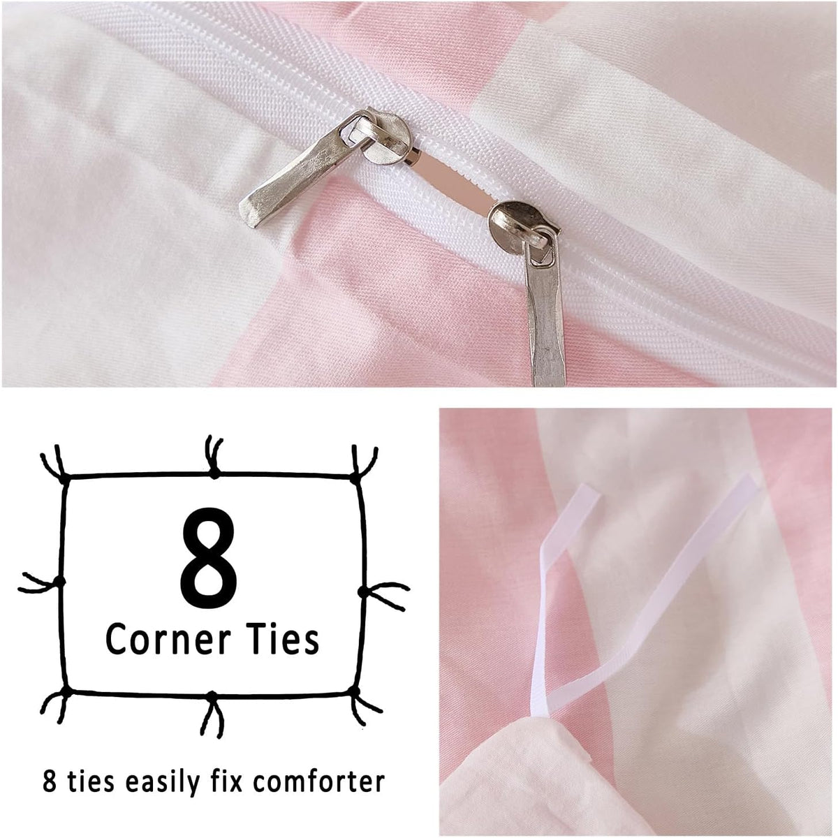 Pink and White Striped Duvet Cover Set King Size, 100% Cotton Bedding Set with Zipper Closure & 8 Corner Ties, Luxury Linen Like Bedding, Soft Breathable Comforter Cover for All Seasons