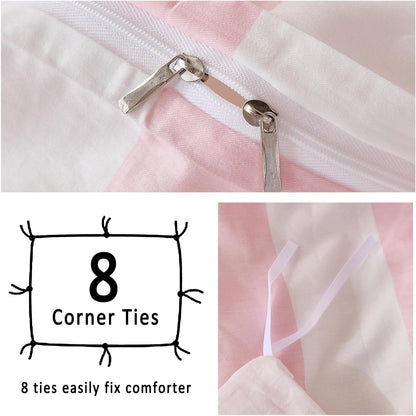 Pink and White Striped Duvet Cover Set King Size, 100% Cotton Bedding Set with Zipper Closure & 8 Corner Ties, Luxury Linen Like Bedding, Soft Breathable Comforter Cover for All Seasons