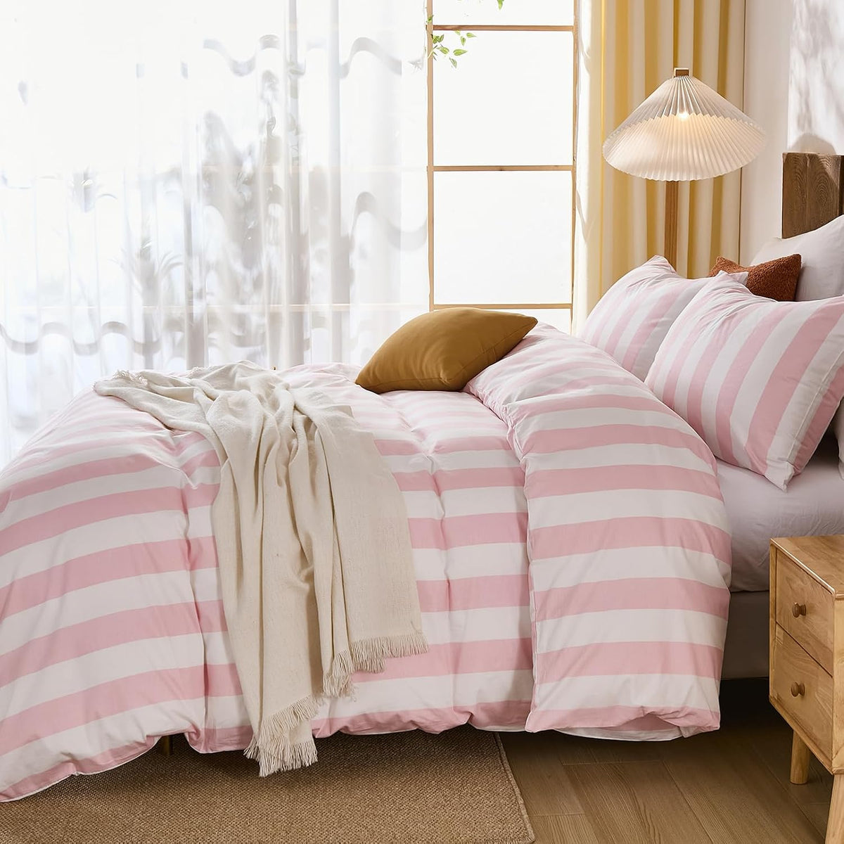 Pink and White Striped Duvet Cover Set King Size, 100% Cotton Bedding Set with Zipper Closure & 8 Corner Ties, Luxury Linen Like Bedding, Soft Breathable Comforter Cover for All Seasons