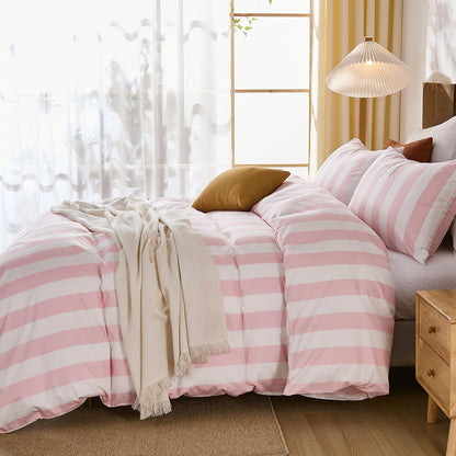 Pink and White Striped Duvet Cover Set King Size, 100% Cotton Bedding Set with Zipper Closure & 8 Corner Ties, Luxury Linen Like Bedding, Soft Breathable Comforter Cover for All Seasons