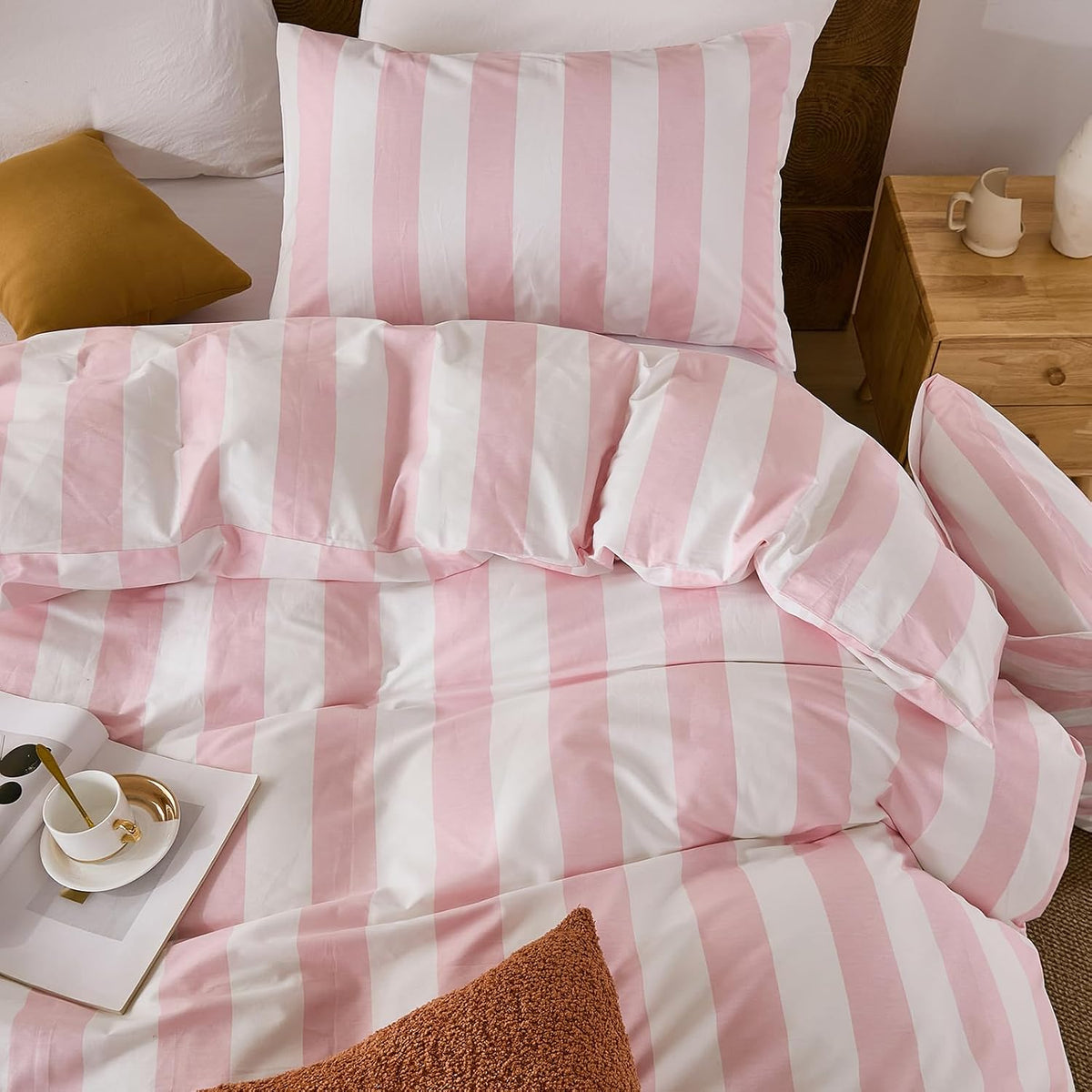 Pink and White Striped Duvet Cover Set King Size, 100% Cotton Bedding Set with Zipper Closure & 8 Corner Ties, Luxury Linen Like Bedding, Soft Breathable Comforter Cover for All Seasons