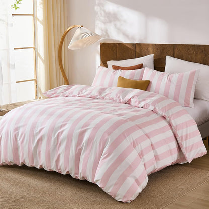 Pink and White Striped Duvet Cover Set King Size, 100% Cotton Bedding Set with Zipper Closure & 8 Corner Ties, Luxury Linen Like Bedding, Soft Breathable Comforter Cover for All Seasons