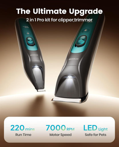 oneisall LED Light Dog Trimmer Clippers, Cordless Dog Grooming Kit 2 in 1, 2000mAh Pet Grooming Clippers Paw Trimmer for Paw, Face, Ears, Legs, Body