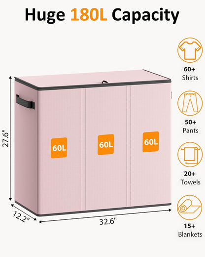 180L Laundry Hamper 3 Section, Large Hamper with Mesh Bags & Lid