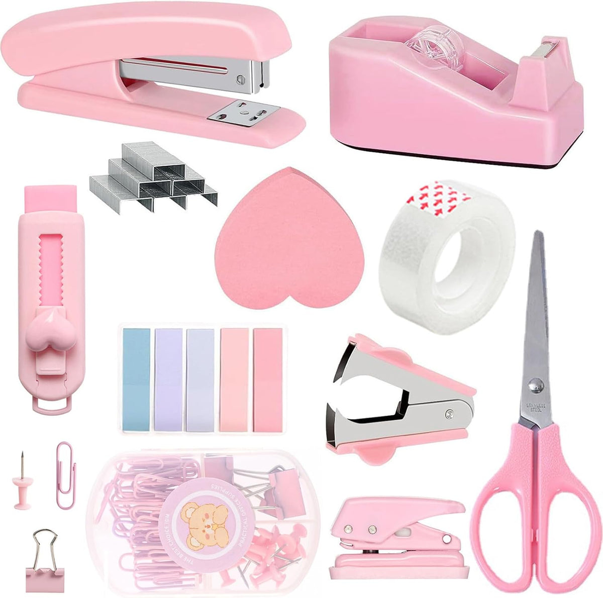 11pcs Office Desk Supplies for Clerks, Women Pink Office Accessories, Office Supplies with Tape Holder, Staple Remover, Scissors, Ruler, Clips Set, Stapler for Home & School, Work Gift for Employees