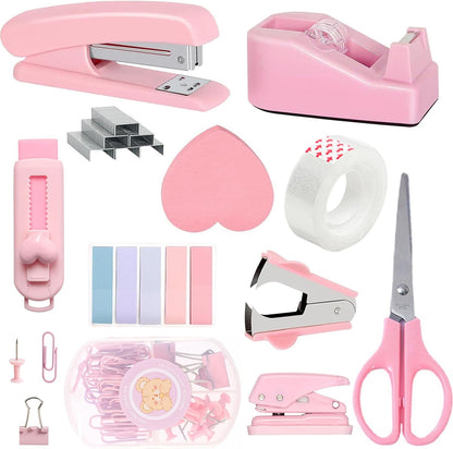 11pcs Office Desk Supplies for Clerks, Women Pink Office Accessories, Office Supplies with Tape Holder, Staple Remover, Scissors, Ruler, Clips Set, Stapler for Home & School, Work Gift for Employees