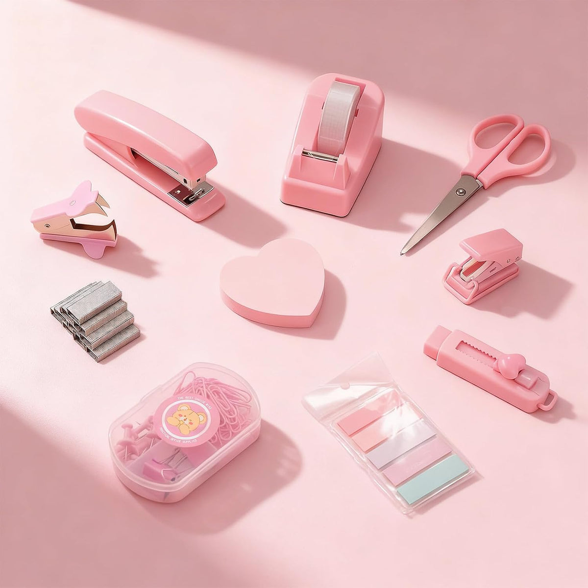 11pcs Office Desk Supplies for Clerks, Women Pink Office Accessories, Office Supplies with Tape Holder, Staple Remover, Scissors, Ruler, Clips Set, Stapler for Home & School, Work Gift for Employees
