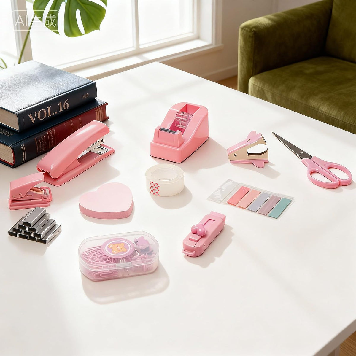 11pcs Office Desk Supplies for Clerks, Women Pink Office Accessories, Office Supplies with Tape Holder, Staple Remover, Scissors, Ruler, Clips Set, Stapler for Home & School, Work Gift for Employees