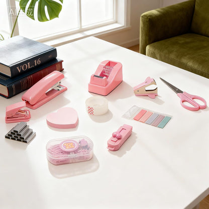 11pcs Office Desk Supplies for Clerks, Women Pink Office Accessories, Office Supplies with Tape Holder, Staple Remover, Scissors, Ruler, Clips Set, Stapler for Home & School, Work Gift for Employees