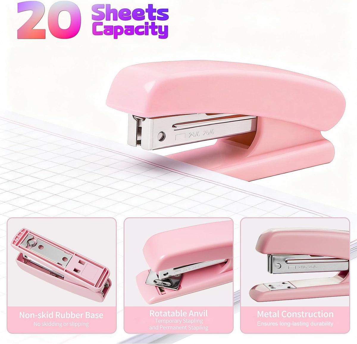 11pcs Office Desk Supplies for Clerks, Women Pink Office Accessories, Office Supplies with Tape Holder, Staple Remover, Scissors, Ruler, Clips Set, Stapler for Home & School, Work Gift for Employees