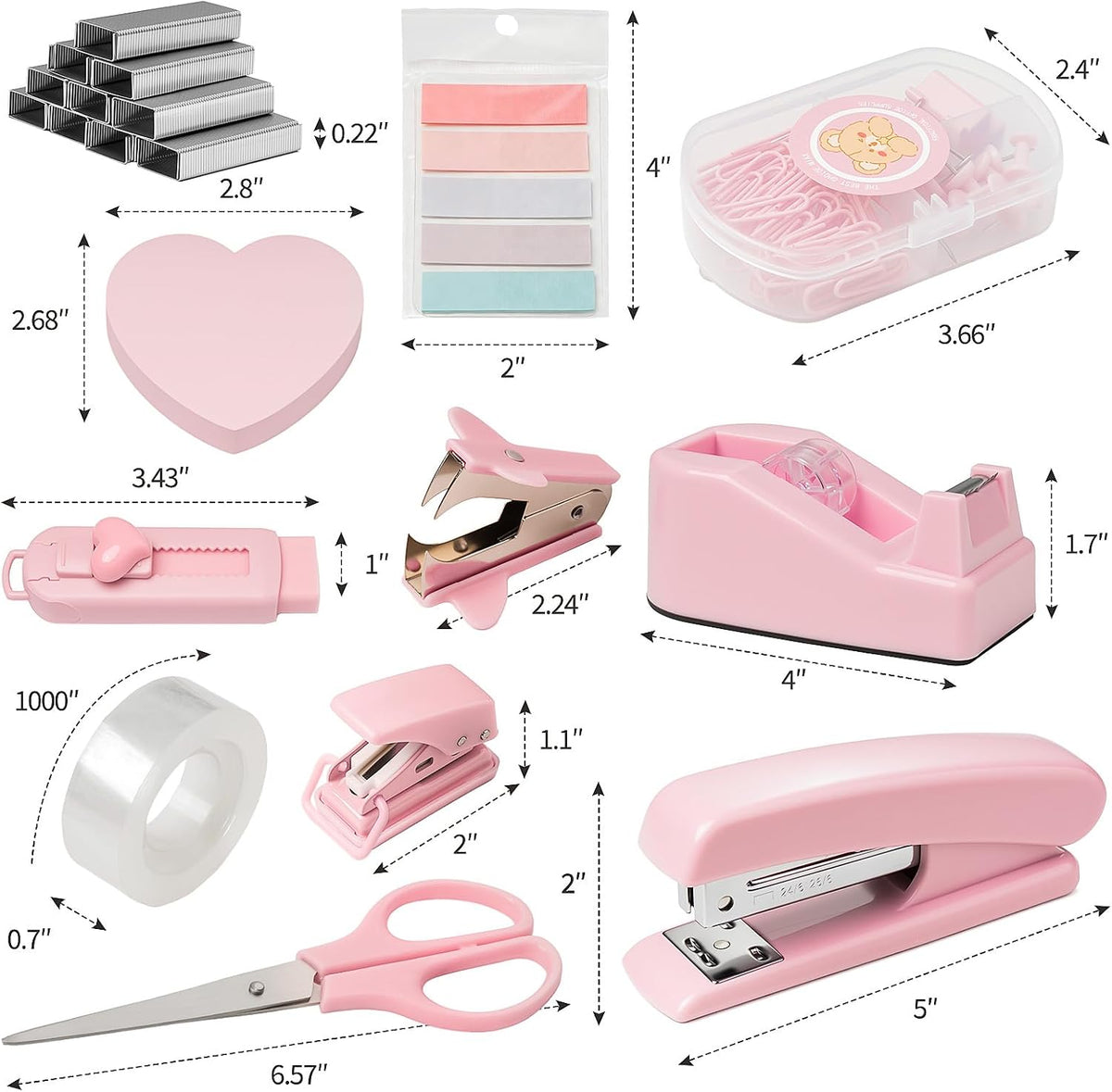 11pcs Office Desk Supplies for Clerks, Women Pink Office Accessories, Office Supplies with Tape Holder, Staple Remover, Scissors, Ruler, Clips Set, Stapler for Home & School, Work Gift for Employees