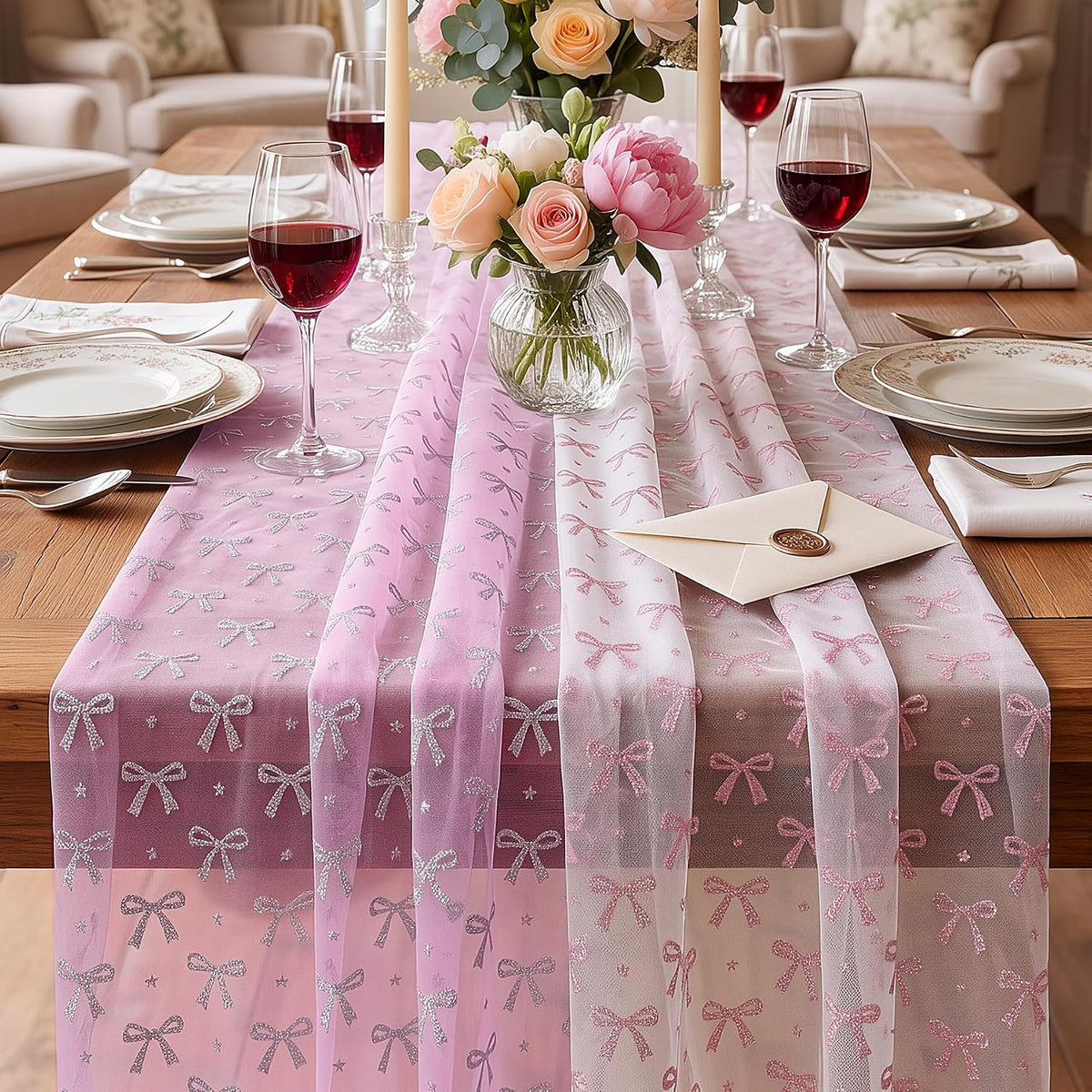 2 Pcs Pink Bow Table Runners 120 Inch 10FT Tulle Lace Table Runner