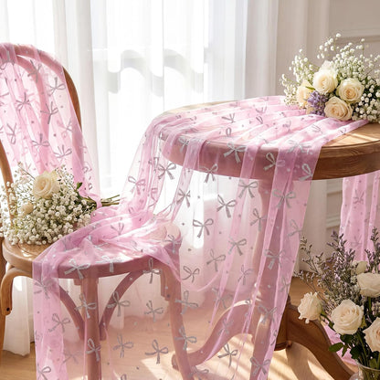 2 Pcs Pink Bow Table Runners 120 Inch 10FT Tulle Lace Table Runner