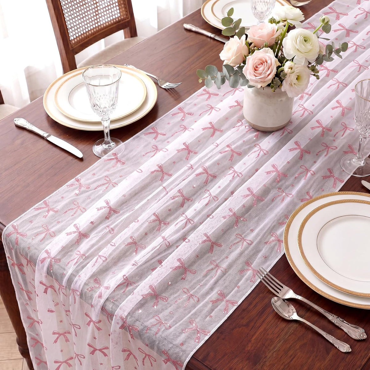 2 Pcs Pink Bow Table Runners 120 Inch 10FT Tulle Lace Table Runner