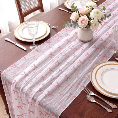 2 Pcs Pink Bow Table Runners 120 Inch 10FT Tulle Lace Table Runner