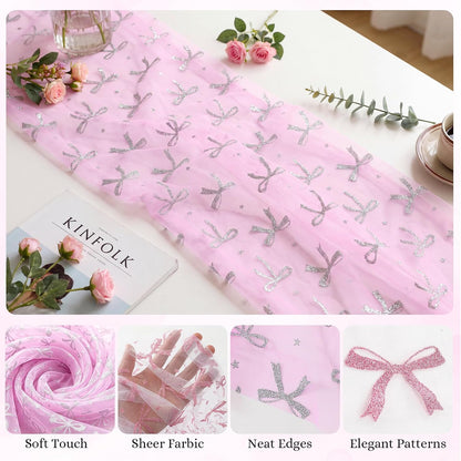 2 Pcs Pink Bow Table Runners 120 Inch 10FT Tulle Lace Table Runner