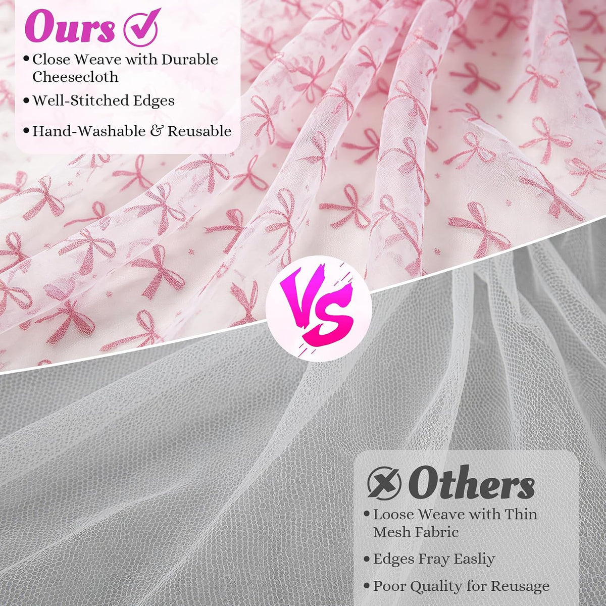 2 Pcs Pink Bow Table Runners 120 Inch 10FT Tulle Lace Table Runner