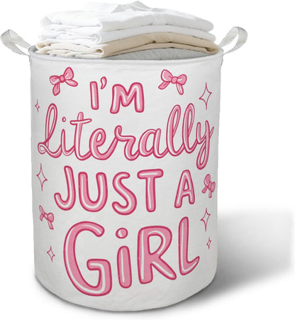 Pink Coquette Bow Laundry Basket Hamper, I'm Literally Just a Girl Preppy Foldable Clothes Toys Books Storage Box Bins Baskets Organizer for Girls Room Dorm Bedroom Bathroom