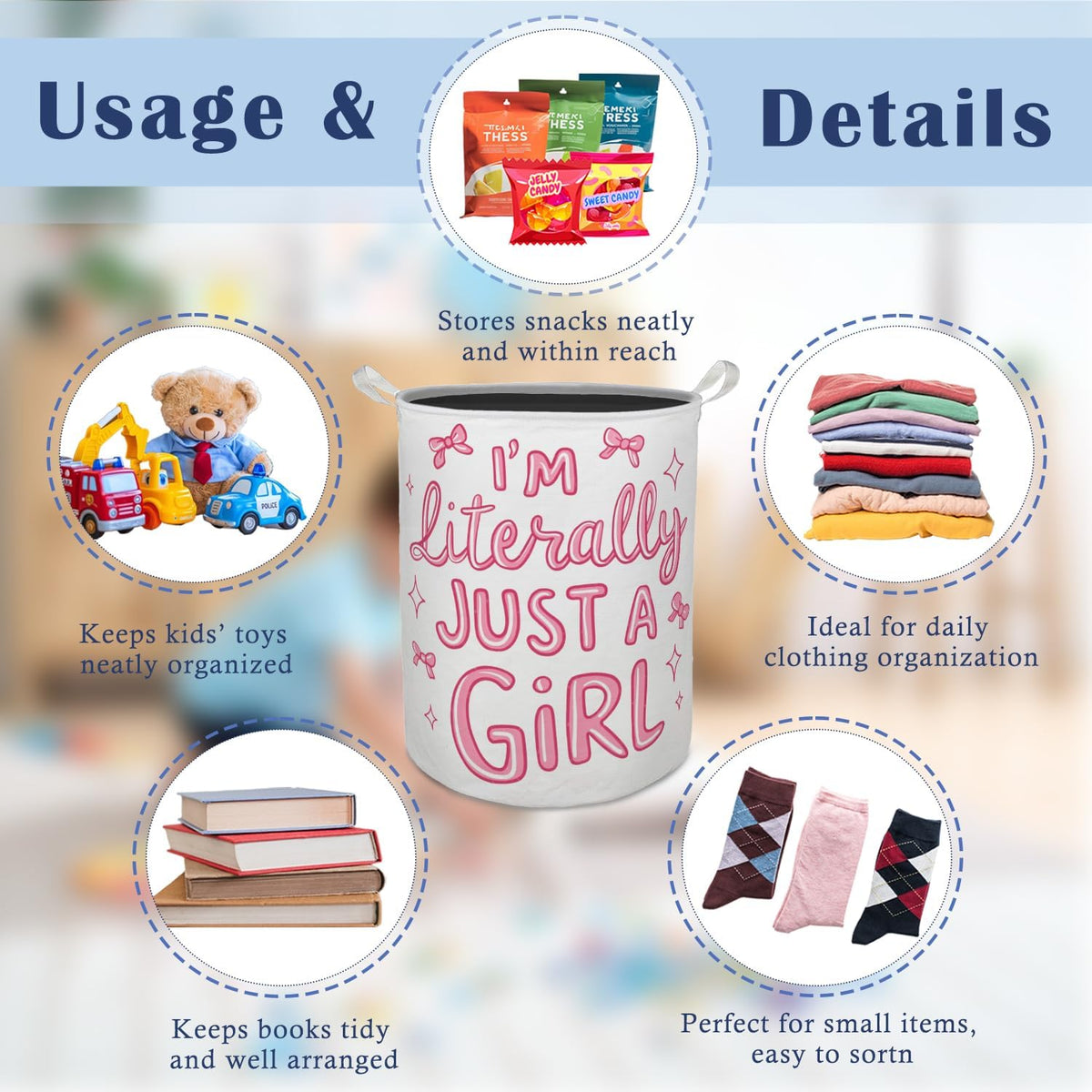 Pink Coquette Bow Laundry Basket Hamper, I'm Literally Just a Girl Preppy Foldable Clothes Toys Books Storage Box Bins Baskets Organizer for Girls Room Dorm Bedroom Bathroom