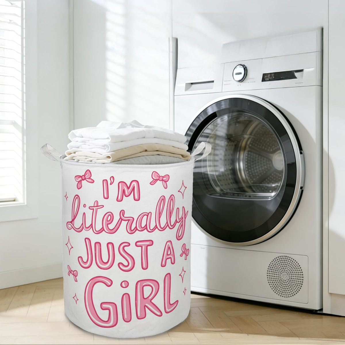 Pink Coquette Bow Laundry Basket Hamper, I'm Literally Just a Girl Preppy Foldable Clothes Toys Books Storage Box Bins Baskets Organizer for Girls Room Dorm Bedroom Bathroom