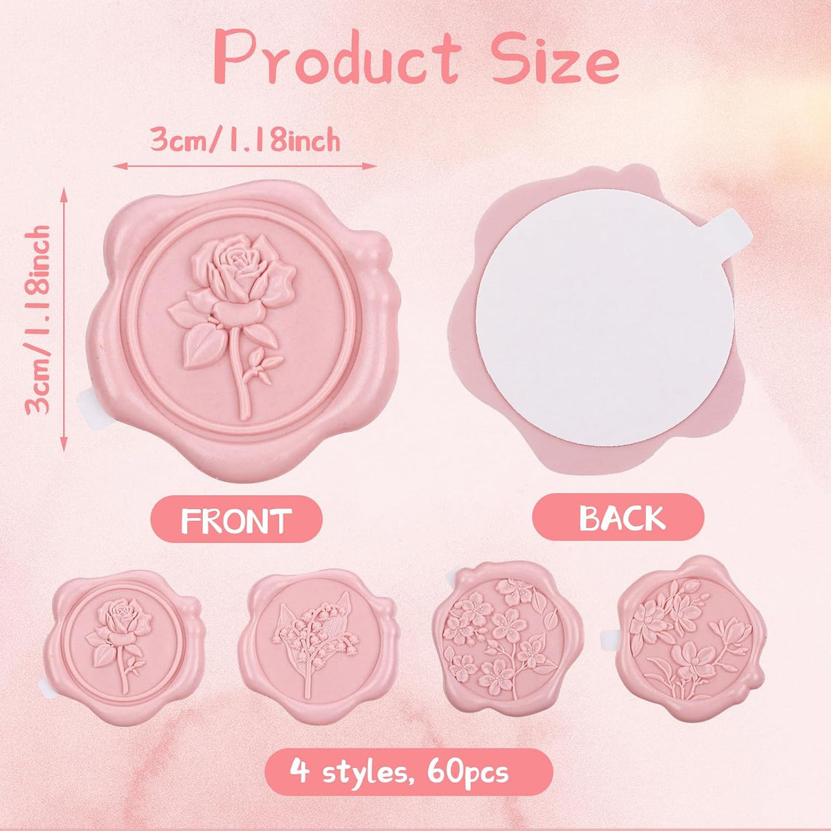 60 Pcs Wax Seal Stickers, Blush Pink, 4 Flower Styles