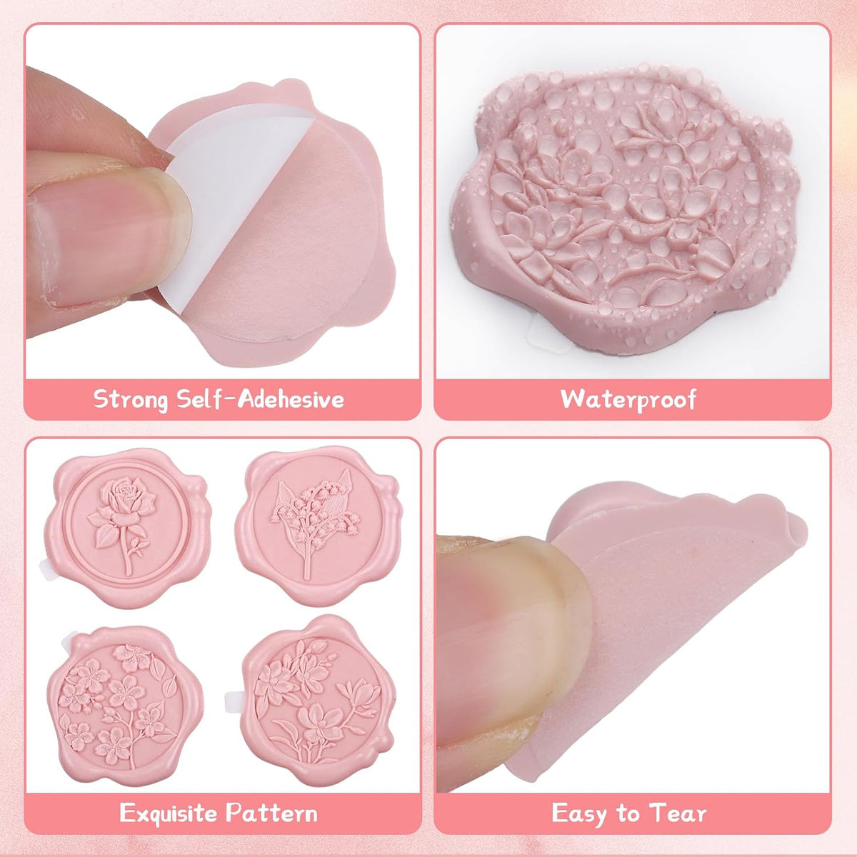 60 Pcs Wax Seal Stickers, Blush Pink, 4 Flower Styles