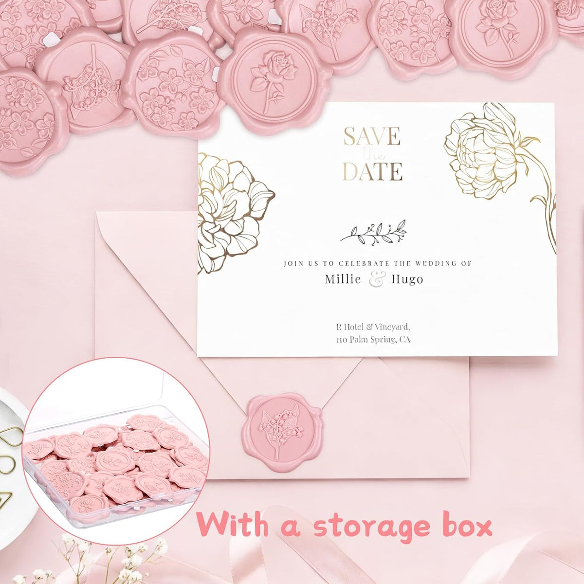60 Pcs Wax Seal Stickers, Blush Pink, 4 Flower Styles