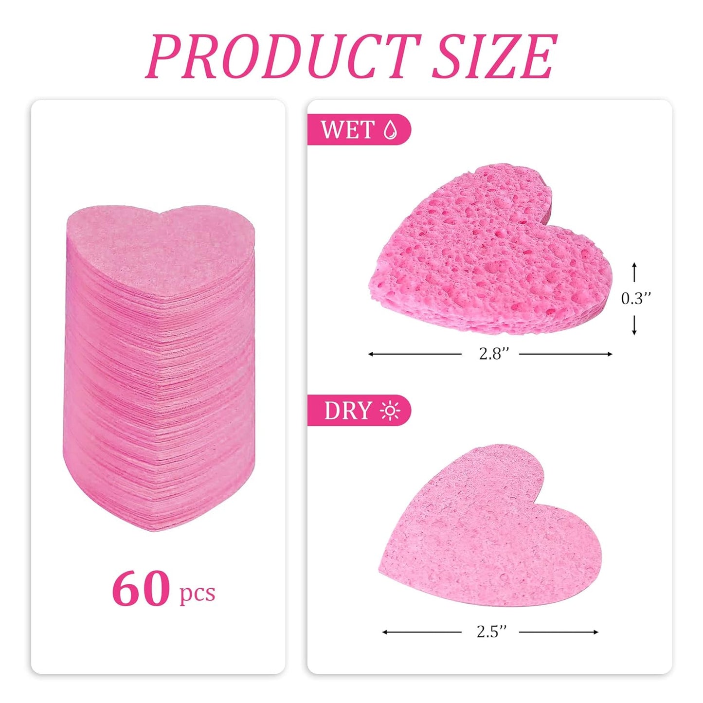 50-Count Compressed Cellulose Heart Shape Facial Sponges | Natural Cosmetic Spa Sponges for Facial Cleansing | Exfoliating | Makeup Mask Removal | Reusable | Skin Massage (50 Count (Pink))
