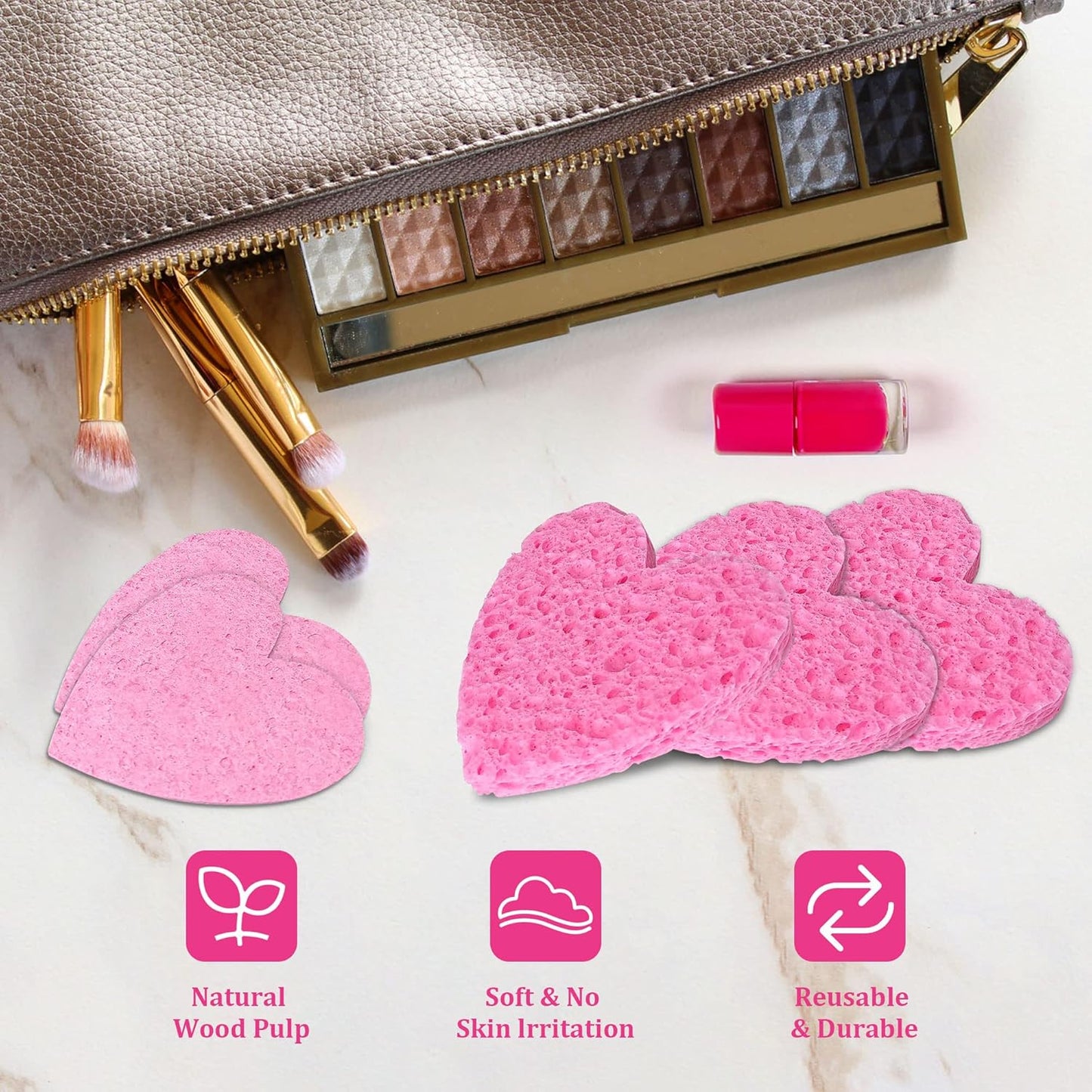 50-Count Compressed Cellulose Heart Shape Facial Sponges | Natural Cosmetic Spa Sponges for Facial Cleansing | Exfoliating | Makeup Mask Removal | Reusable | Skin Massage (50 Count (Pink))