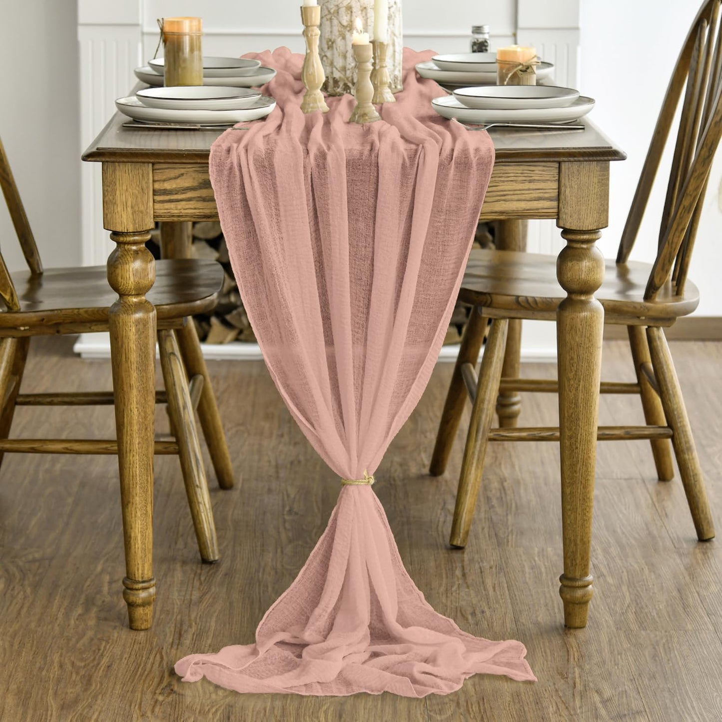 Artoid Mode Boho Cheesecloth Gauze Peach Powder Wedding Table Runner, 120 Inch Seasonal Christmas Winter Fabric Kitchen Dining Holiday Table Decor for Home Party Indoor