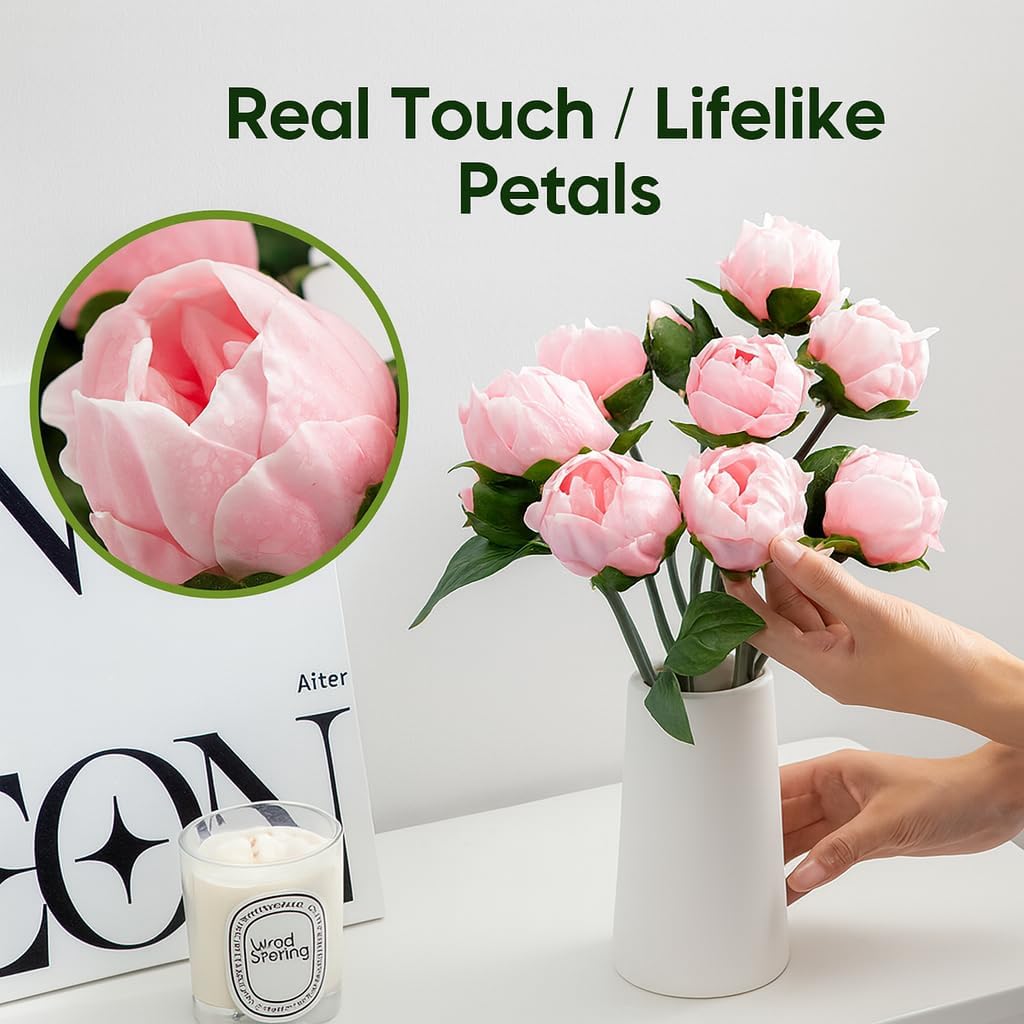 Artificial Peony Flowers 14 Inch Blush Pink Real Touch Faux Peonies (6 Flowers, 2 Buds) for Home Decor, Table & Entryway Arrangements, Wedding Centerpieces