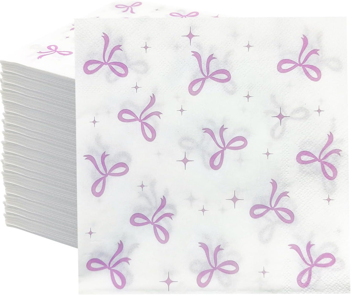 50Pcs Pink Bow Napkins Conquette Birthday Decorations Napkins Pink Bow Dessert Napkins Bow Cocktail Napkins For Pink Bow Theme Bachelorette Bridal Baby Shower Bow Girl Birthday Party Decor (White)