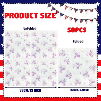 50Pcs Pink Bow Napkins Conquette Birthday Decorations Napkins Pink Bow Dessert Napkins Bow Cocktail Napkins For Pink Bow Theme Bachelorette Bridal Baby Shower Bow Girl Birthday Party Decor (White)