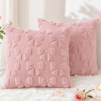 Pink Bow Cute Girl Faux Fur Throw Pillow Covers 20x20 Set of 2