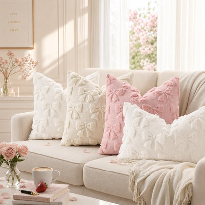 Pink Bow Cute Girl Faux Fur Throw Pillow Covers 20x20 Set of 2