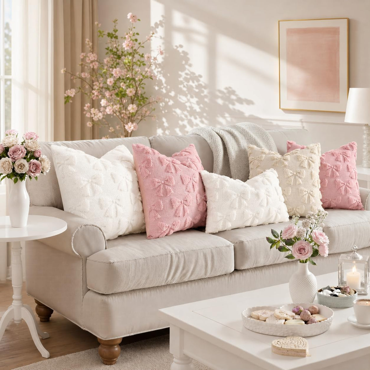 Pink Bow Cute Girl Faux Fur Throw Pillow Covers 20x20 Set of 2