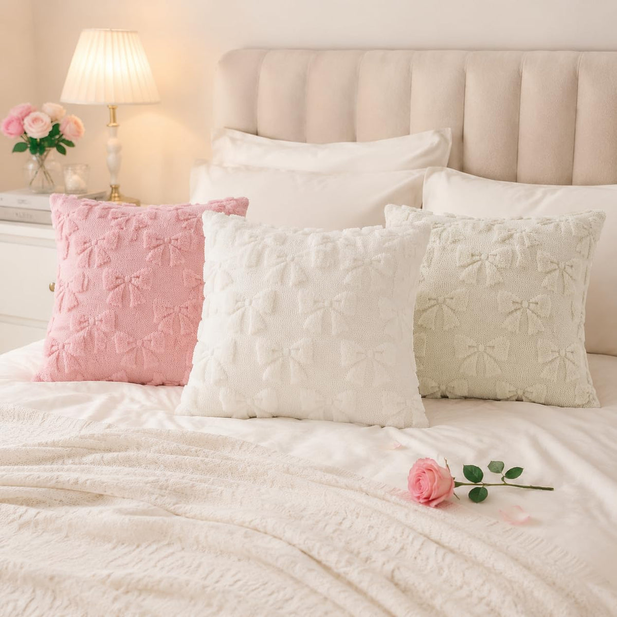 Pink Bow Cute Girl Faux Fur Throw Pillow Covers 20x20 Set of 2