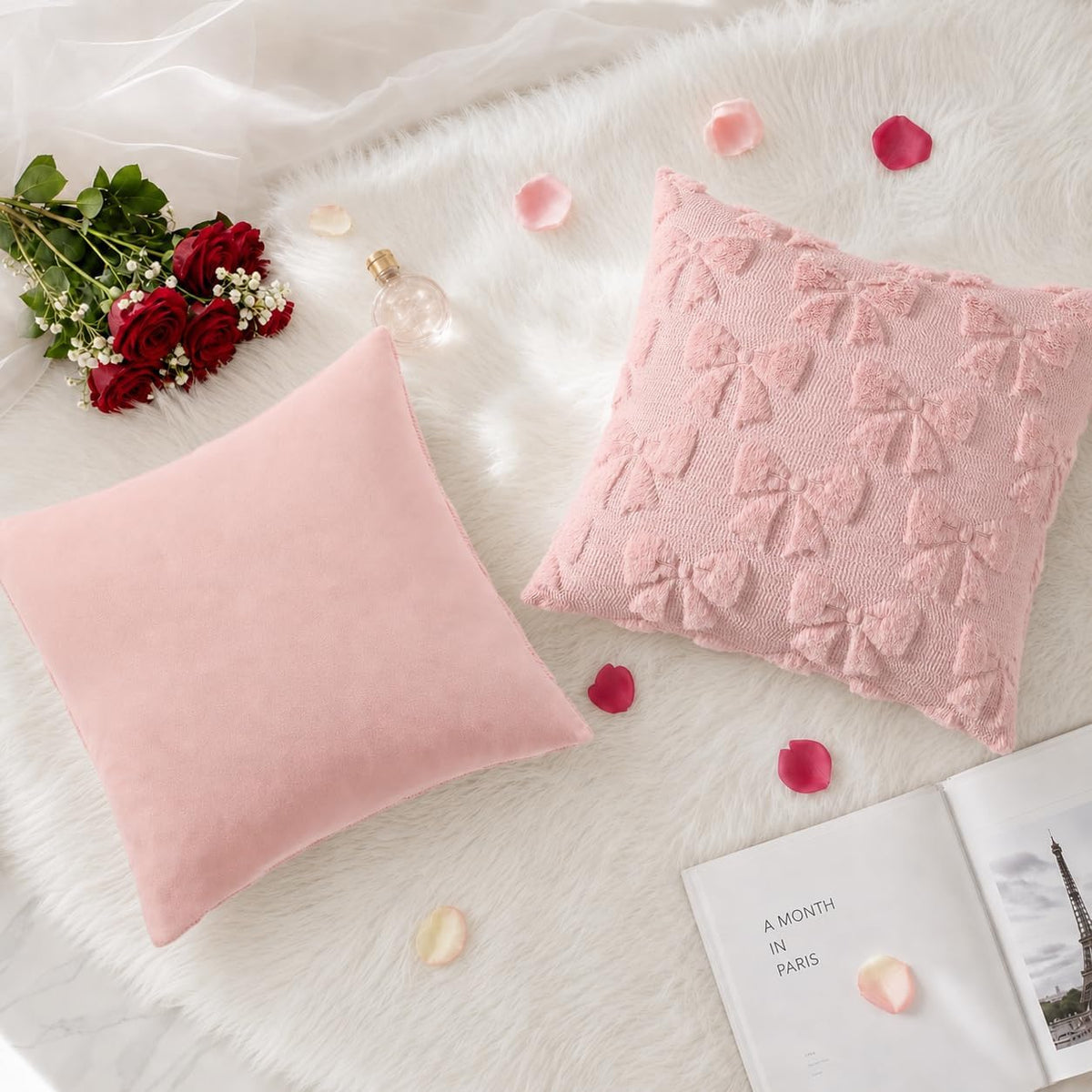 Pink Bow Cute Girl Faux Fur Throw Pillow Covers 20x20 Set of 2