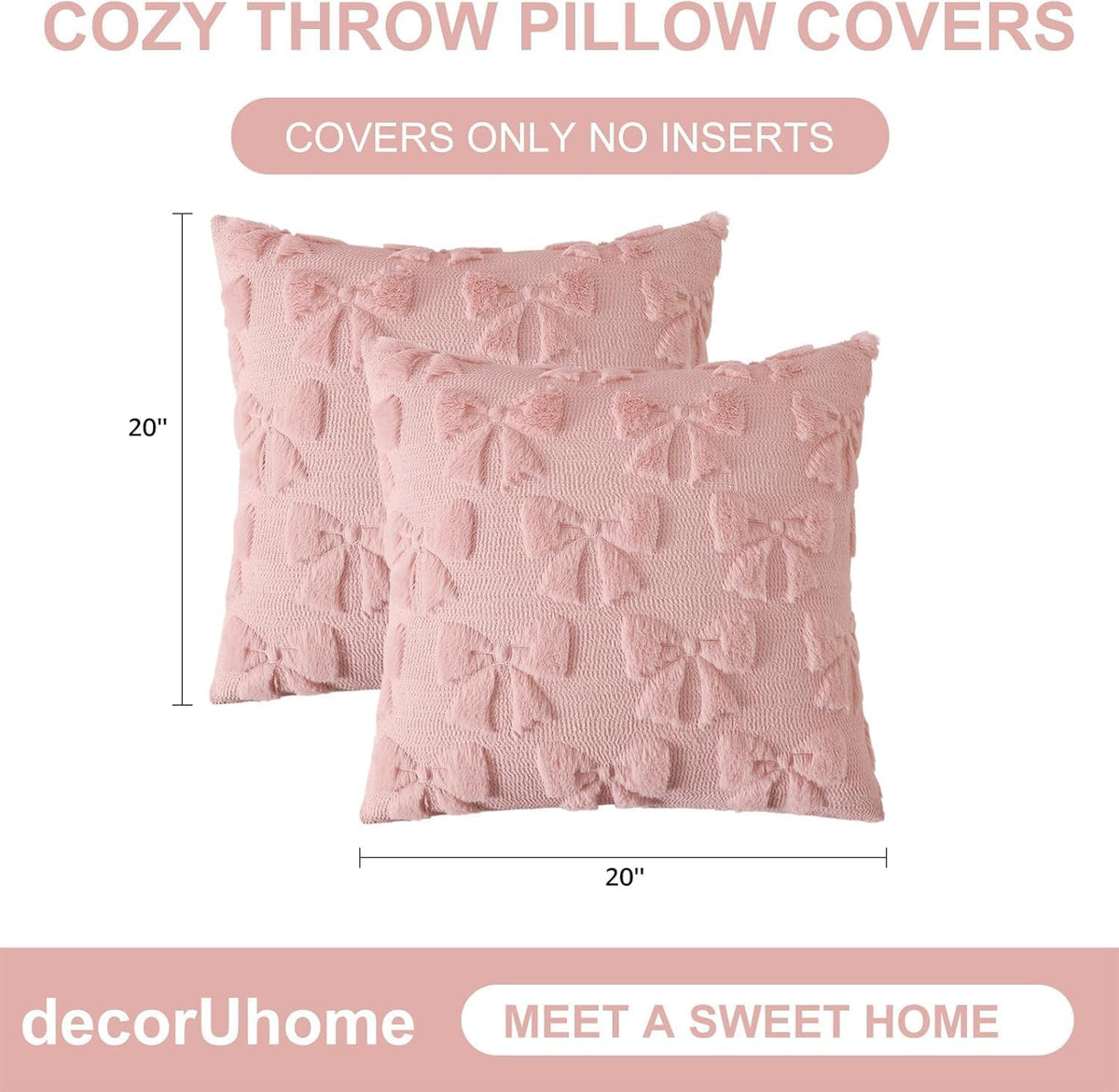 Pink Bow Cute Girl Faux Fur Throw Pillow Covers 20x20 Set of 2