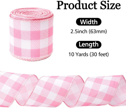 Pink and White Gingham Ribbon Pink Plaid Wired Ribbon 2.5 Inch 10 Yards
