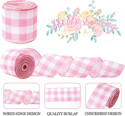 Pink and White Gingham Ribbon Pink Plaid Wired Ribbon 2.5 Inch 10 Yards