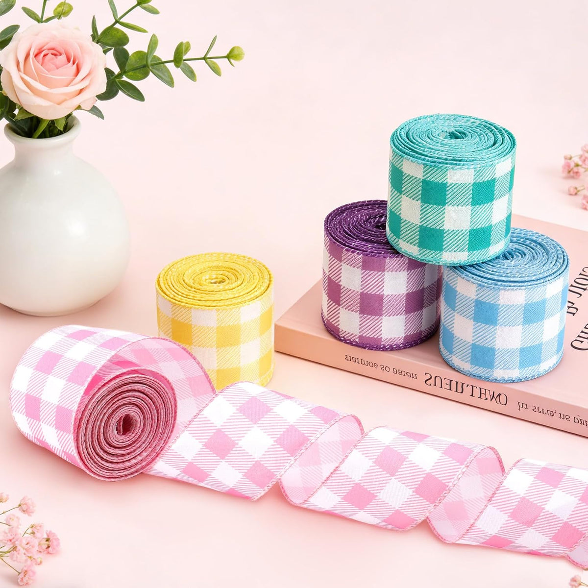 Pink and White Gingham Ribbon Pink Plaid Wired Ribbon 2.5 Inch 10 Yards