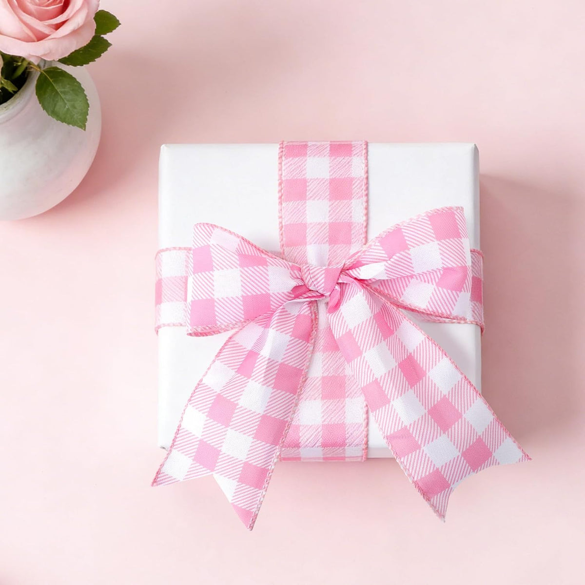 Pink and White Gingham Ribbon Pink Plaid Wired Ribbon 2.5 Inch 10 Yards