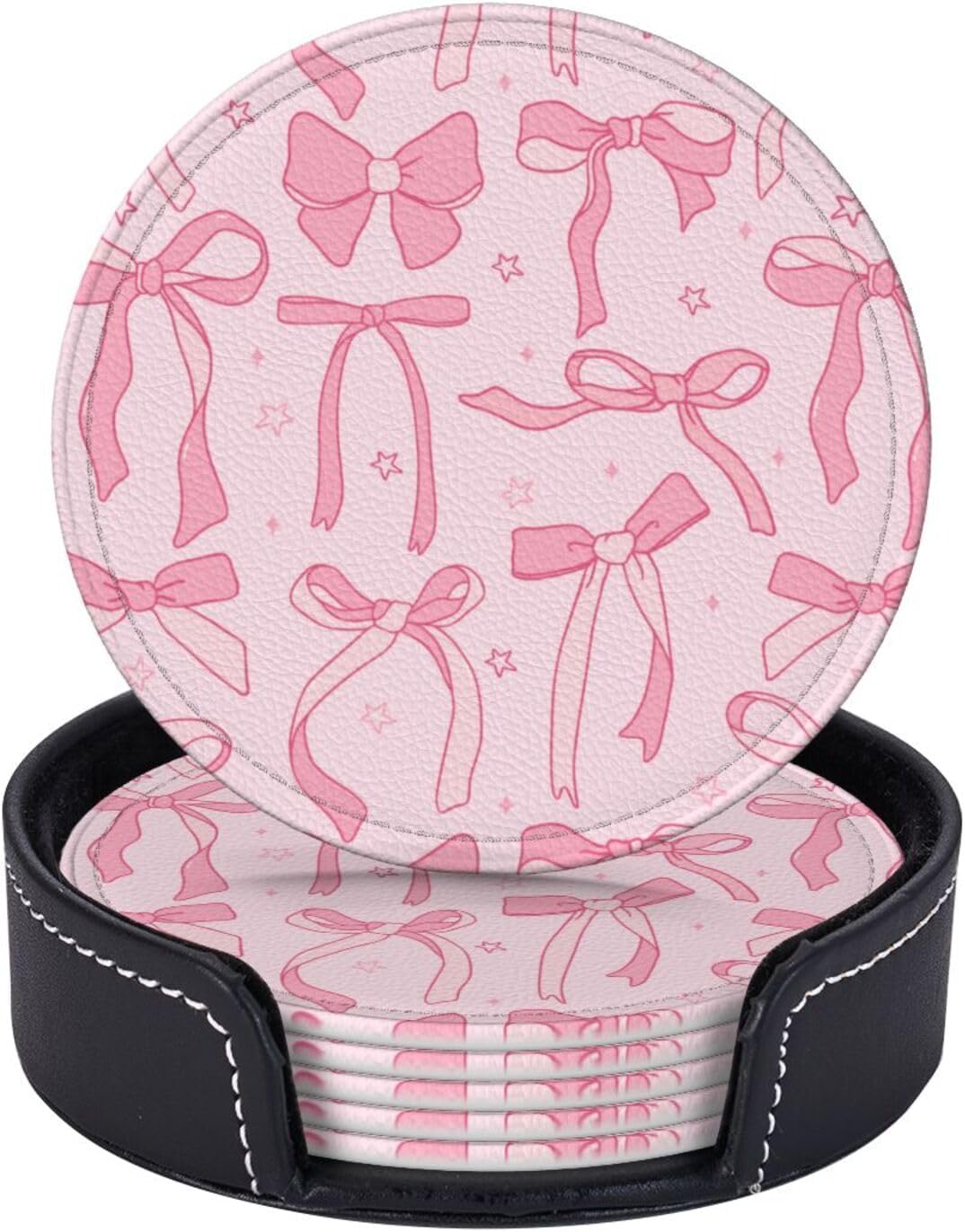 6 Pcs Pink Cute Ribbon Bow Drink Coasters with Holder Coasters for Drinks Coffee Table Home Decor Housewarming Gift