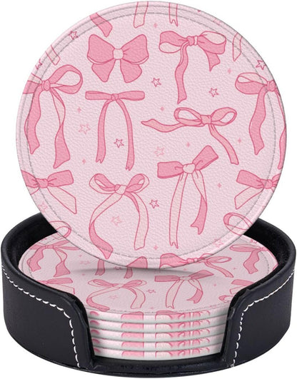 6 Pcs Pink Cute Ribbon Bow Drink Coasters with Holder Coasters for Drinks Coffee Table Home Decor Housewarming Gift