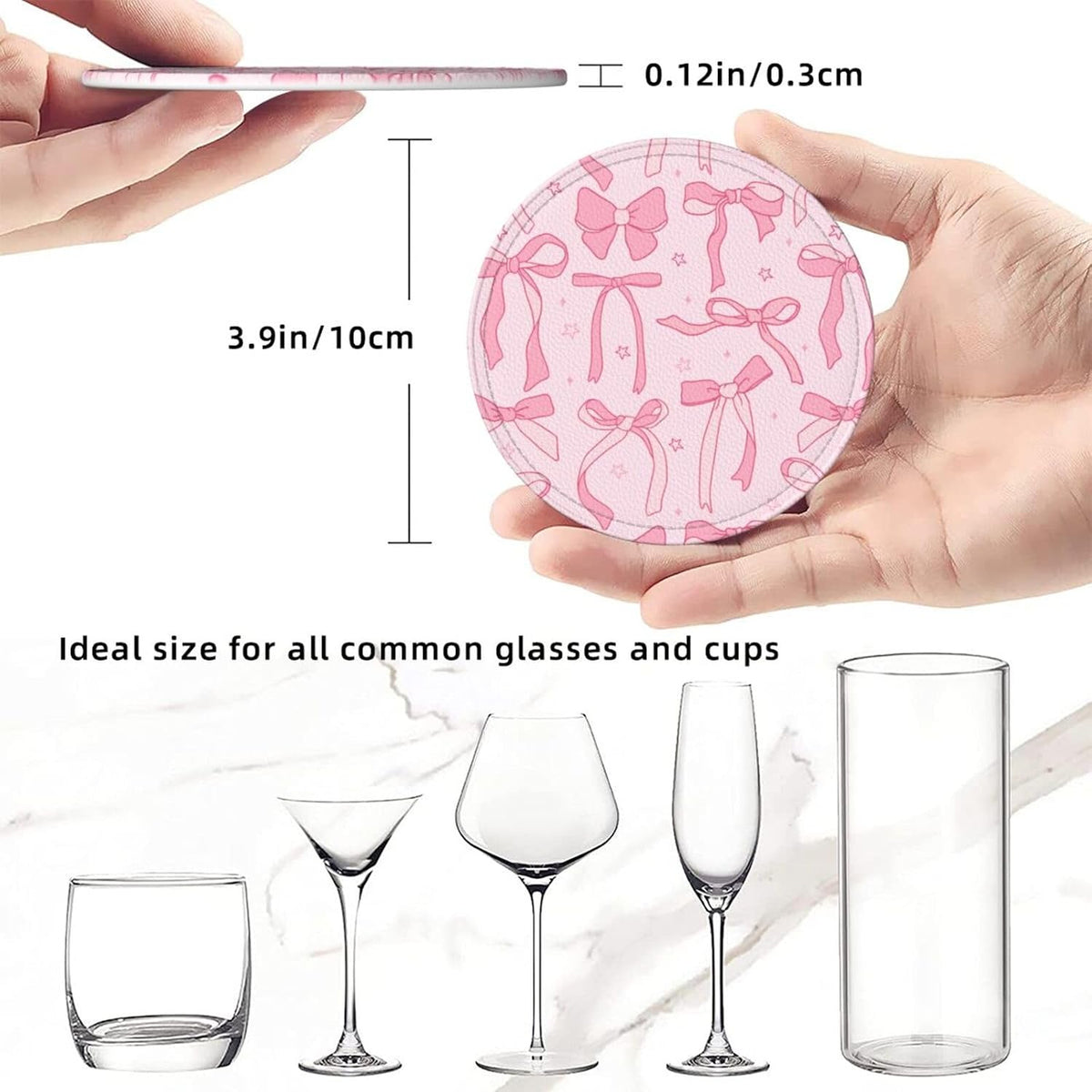 6 Pcs Pink Cute Ribbon Bow Drink Coasters with Holder Coasters for Drinks Coffee Table Home Decor Housewarming Gift