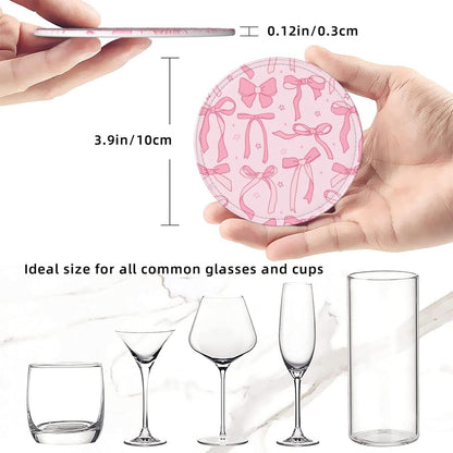 6 Pcs Pink Cute Ribbon Bow Drink Coasters with Holder Coasters for Drinks Coffee Table Home Decor Housewarming Gift