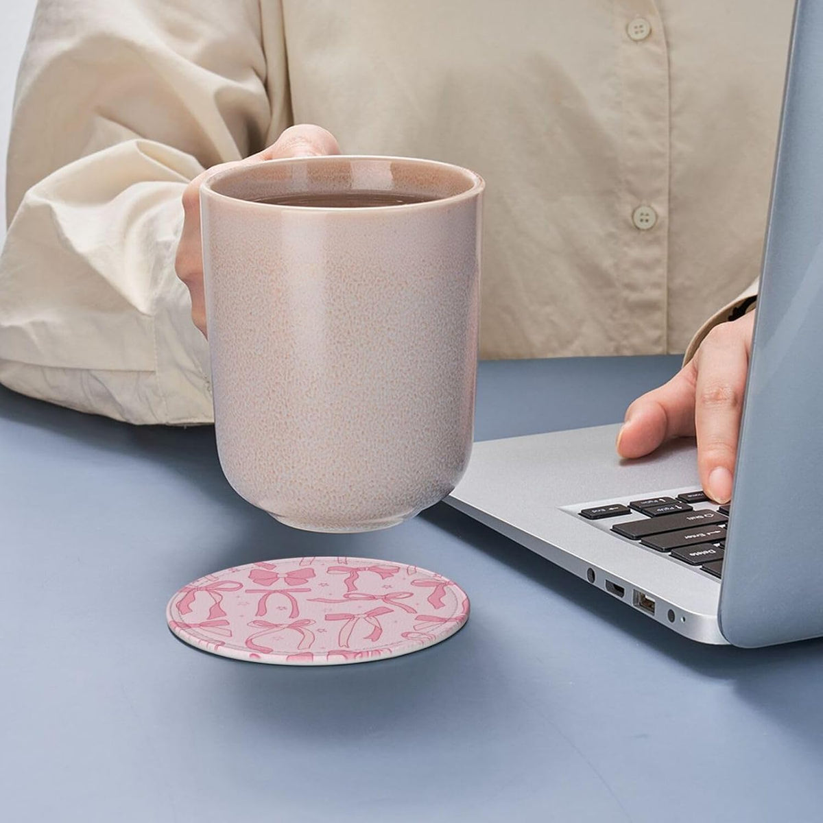 6 Pcs Pink Cute Ribbon Bow Drink Coasters with Holder Coasters for Drinks Coffee Table Home Decor Housewarming Gift