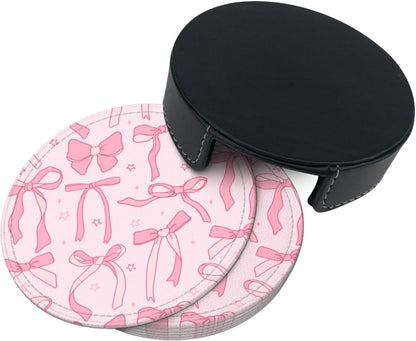 6 Pcs Pink Cute Ribbon Bow Drink Coasters with Holder Coasters for Drinks Coffee Table Home Decor Housewarming Gift